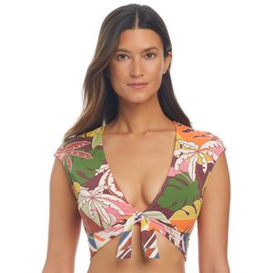 womens tie front cap sleeve crop bikini top