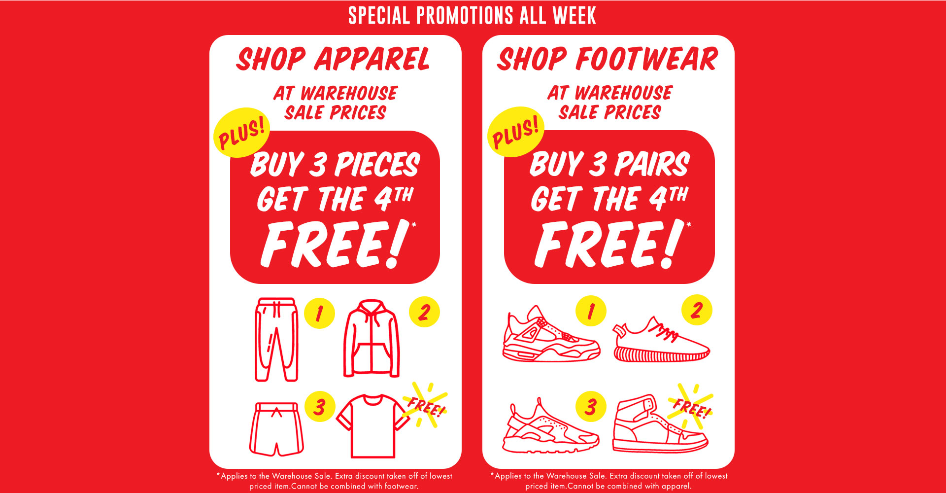 Special deals all week buy 3 get 1 free apparel and footwear